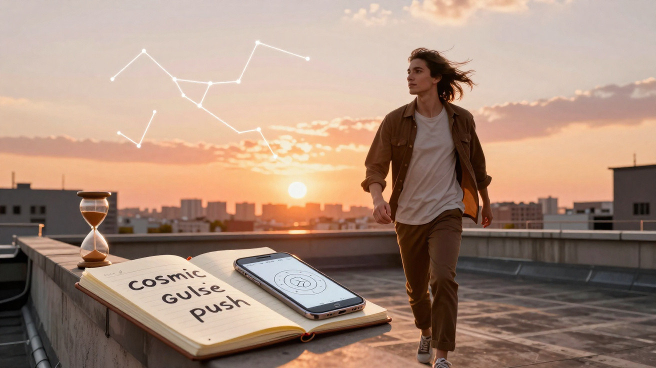 Frau auf Dach bei Sonnenuntergang, offenes Buch mit „Cosmic Guide Push“, Smartphone und Sanduhr neben ihr.