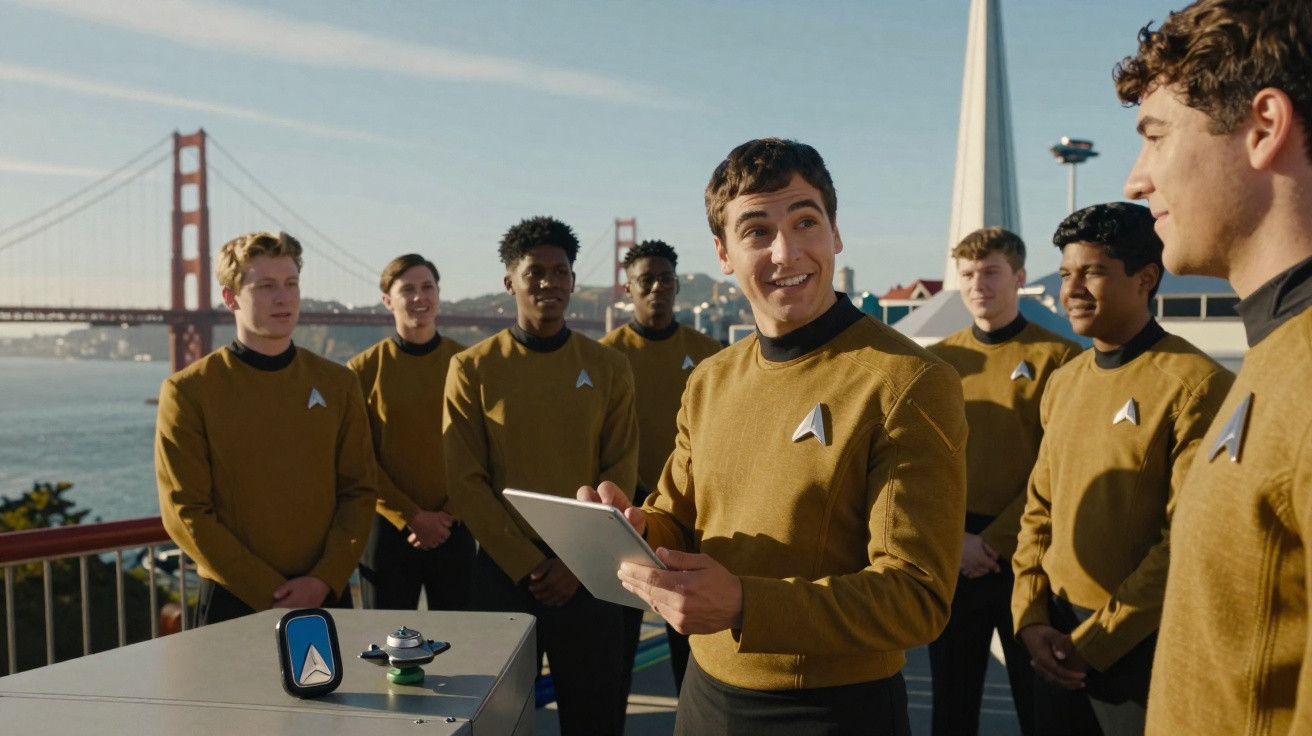 Gruppe junger Menschen in goldenen Star-Trek-Uniformen vor der Golden Gate Bridge in San Francisco.
