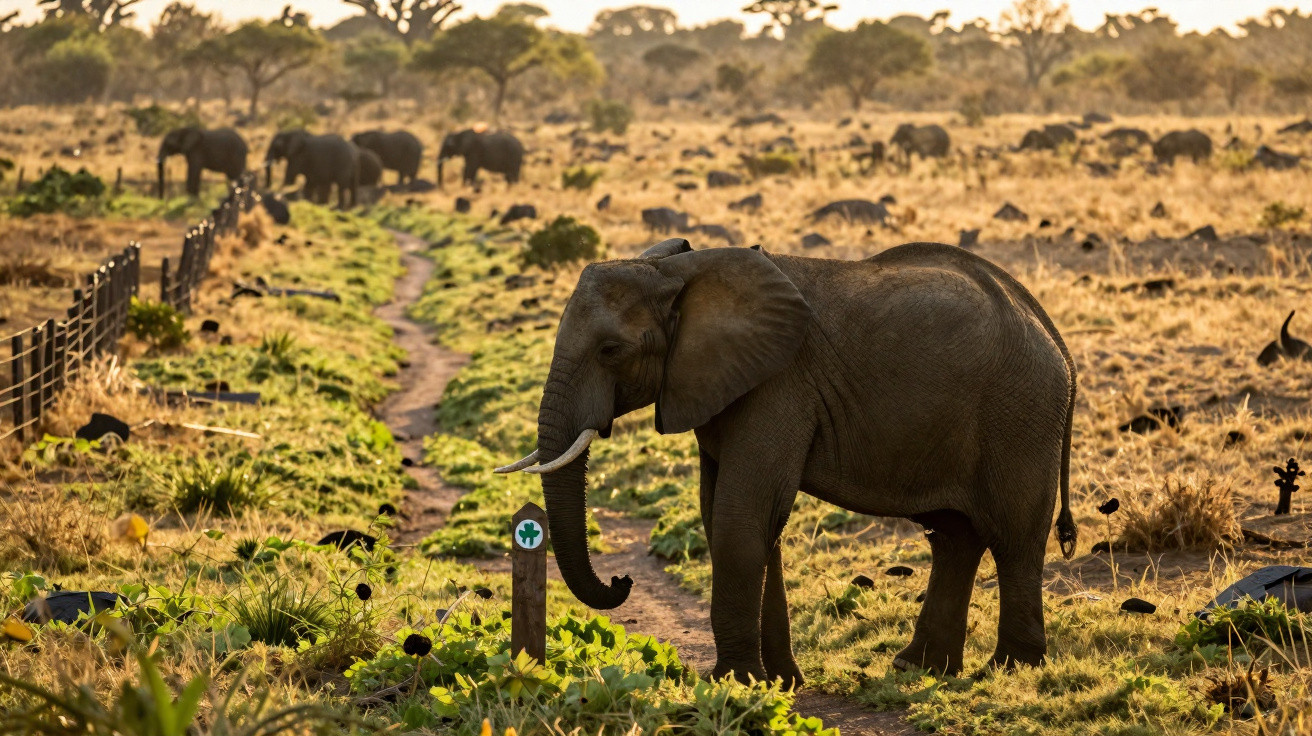 Ein Elefant steht auf einem Pfad in der Savanne mit weiteren Elefanten im Hintergrund bei Sonnenuntergang.