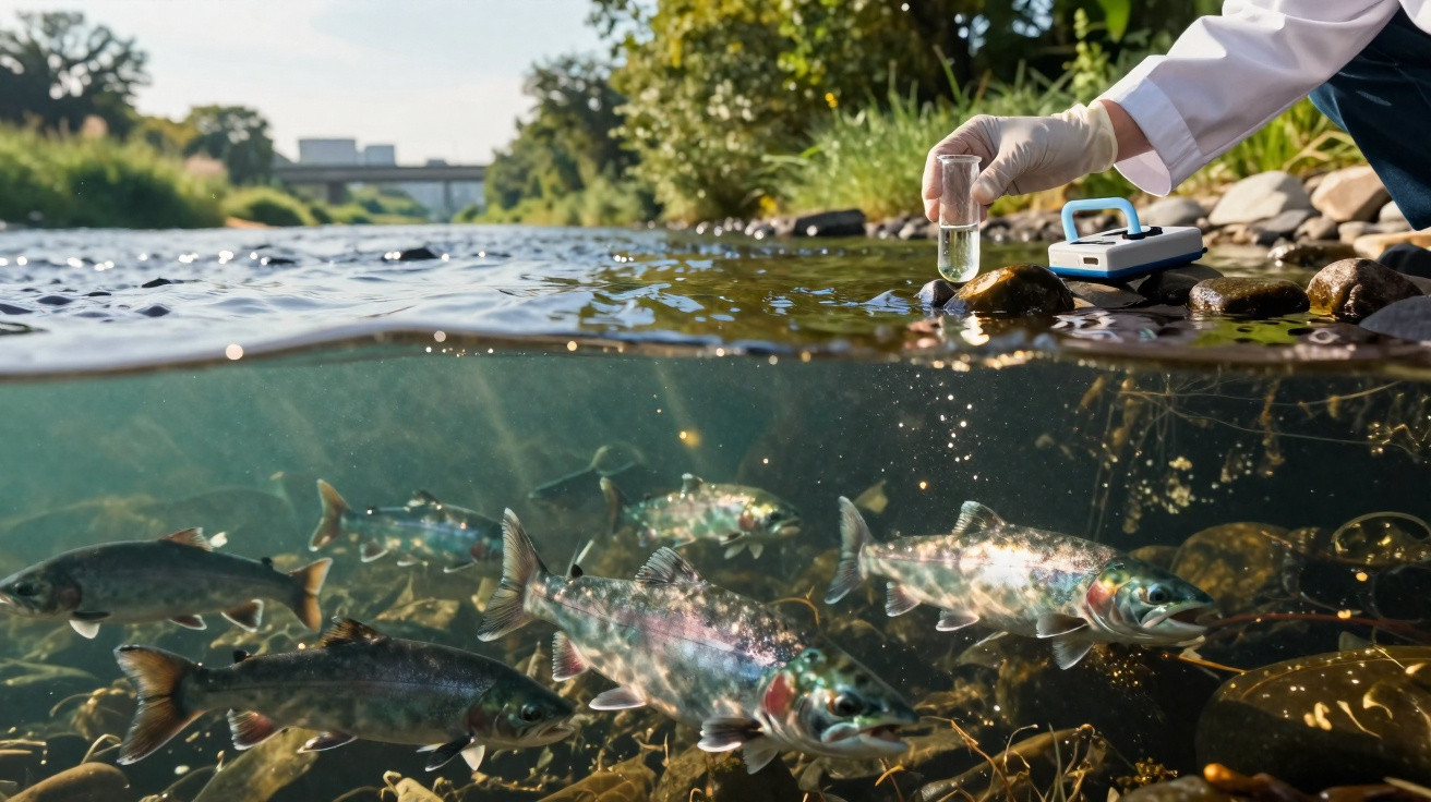 Person entnimmt Wasserprobe aus Fluss mit Fischen unter Wasser und Messgerät am Ufer