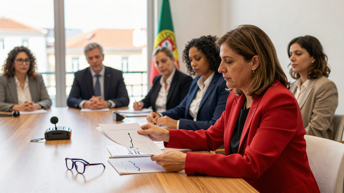 Fünf Personen in einer Besprechung, eine Frau im roten Blazer hält Diagrammblätter, portugiesische Flagge im Hintergrund.