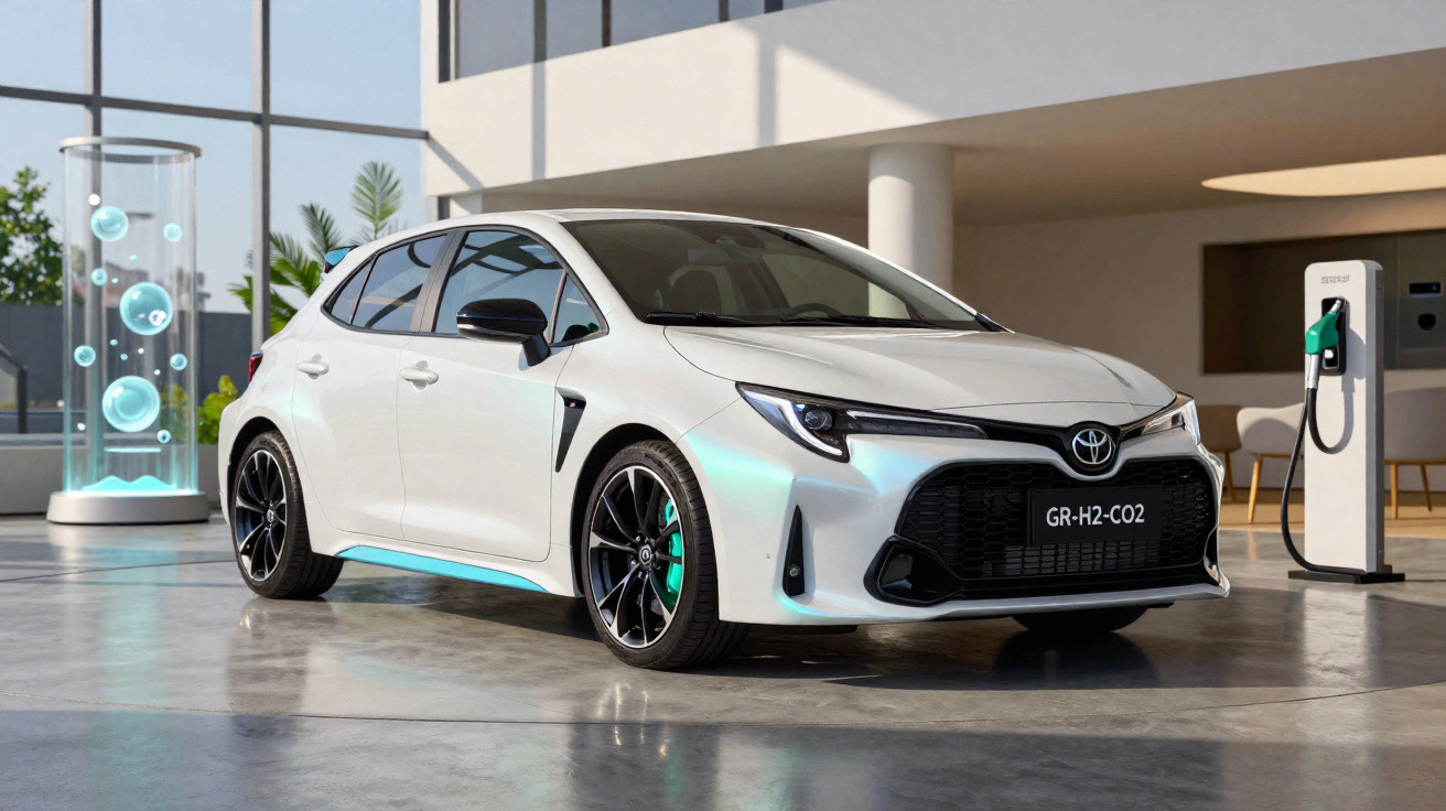 Weißer Toyota Kompaktauto mit Wasserstoff-Antrieb an moderner Ladestation in heller Garage.