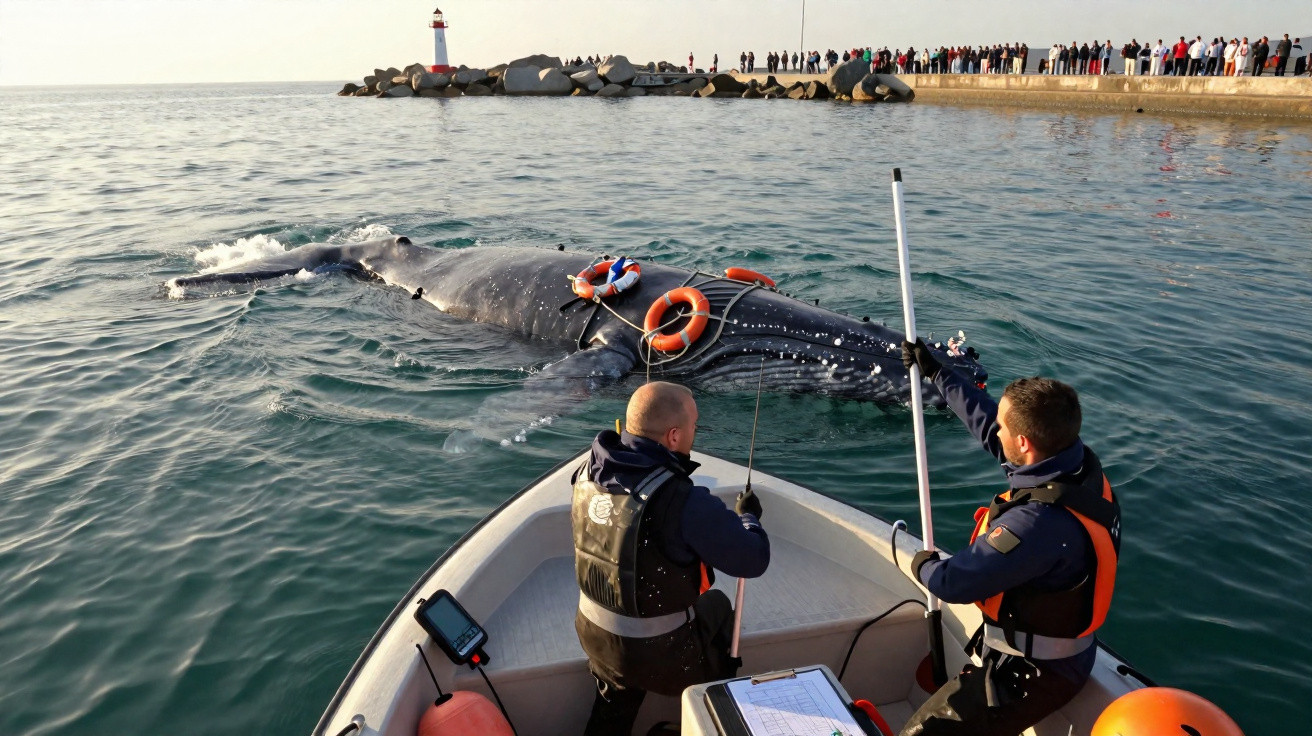 Zwei Forscher auf Boot untersuchen einen gestrandeten Wal nahe Küste mit Leuchtturm und Menschenmenge im Hintergrund.