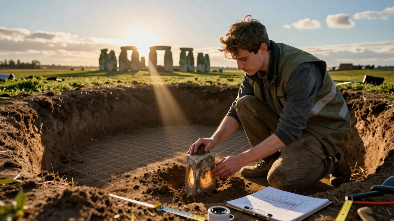 Archäologe untersucht Fundstück bei Ausgrabung nahe Stonehenge im Sonnenuntergang.