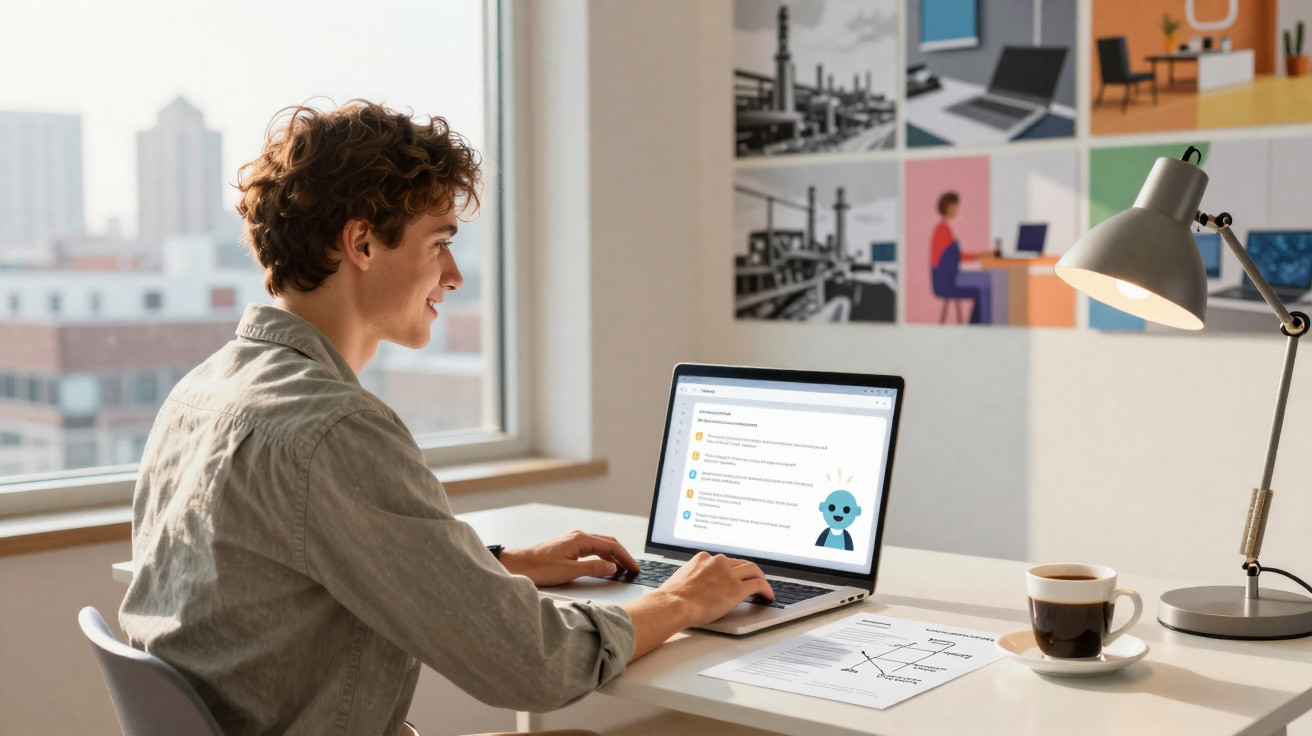 Junger Mann arbeitet am Laptop mit Chatbot, Schreibtisch mit Lampe, Kaffeetasse und Unterlagen.