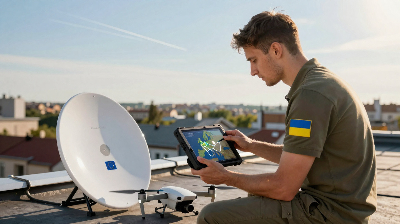 Mann mit ukrainischer Flagge kontrolliert Drohnensteuerung auf Tablet neben Satellitenschüssel auf Dach.