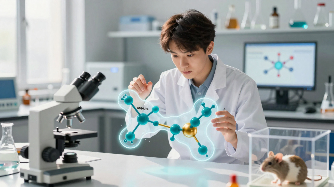 Wissenschaftlerin analysiert molekulares Modell mit Mikroskop und Laborratten im modernen Labor.