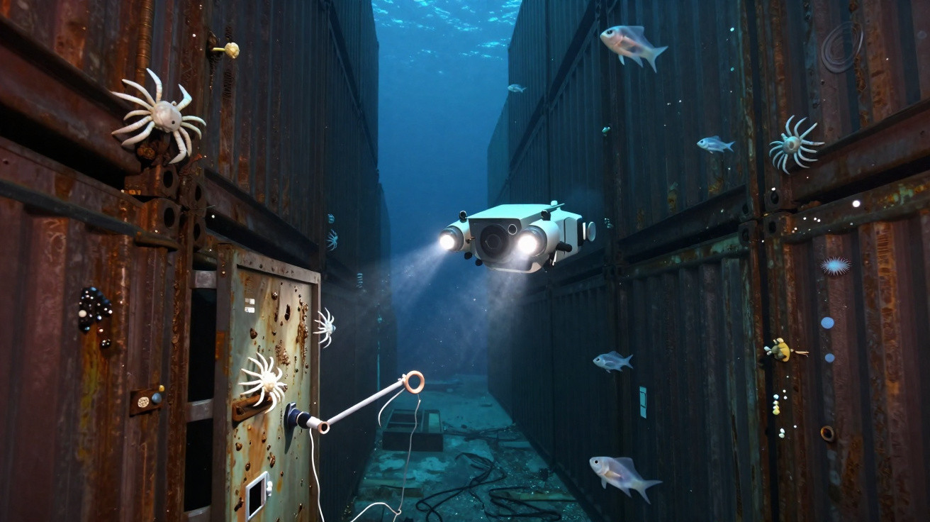 Unterwasserroboter mit Scheinwerfern erkundet verrostete Schiffscontainer umgeben von Fischen und Korallen.