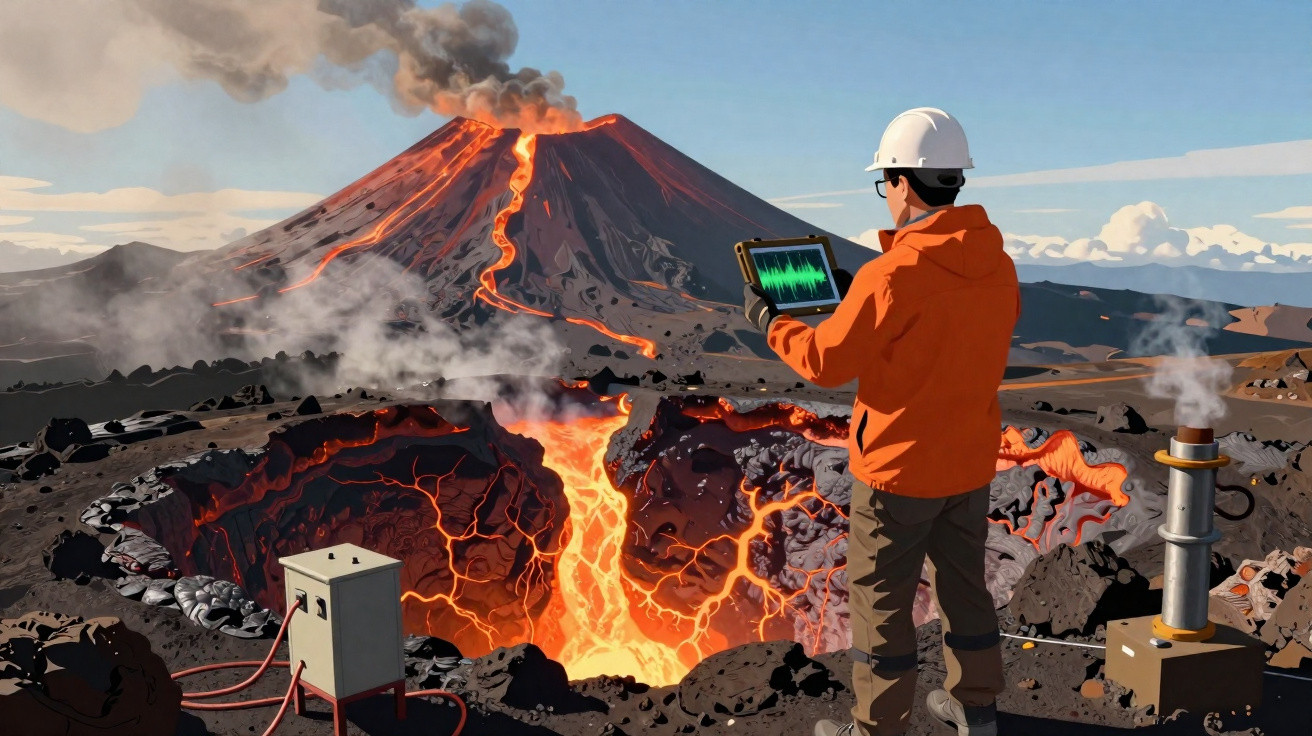 Geologe mit Helm und Tablet beobachtet aus nächster Nähe einen aktiven Vulkan mit fließender Lava und Rauch.