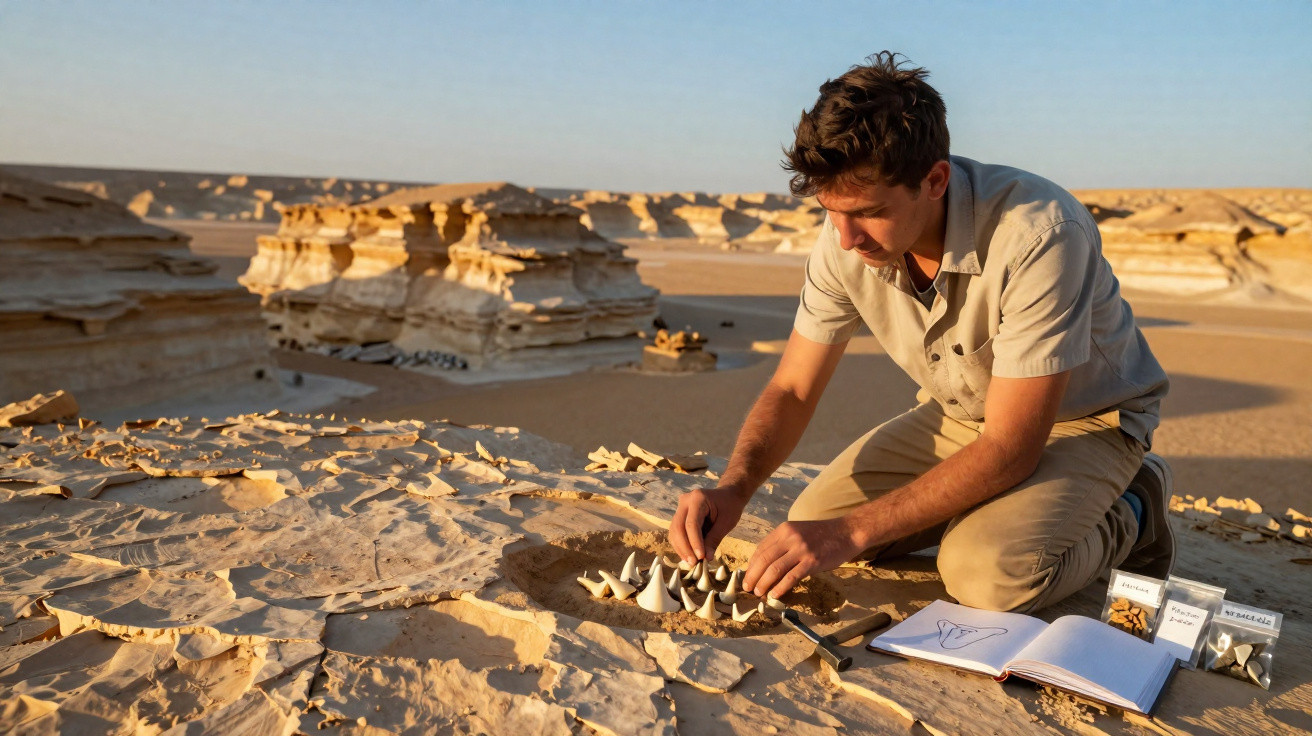 Mann untersucht Fossilien in einer Wüstenlandschaft bei Sonnenlicht, neben ihm liegen Notizbuch und Probenbeutel.