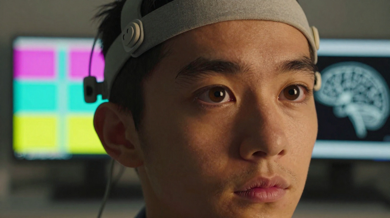 Junger Mann mit EEG-Headset vor zwei Monitoren, einer zeigt ein Gehirndiagramm.