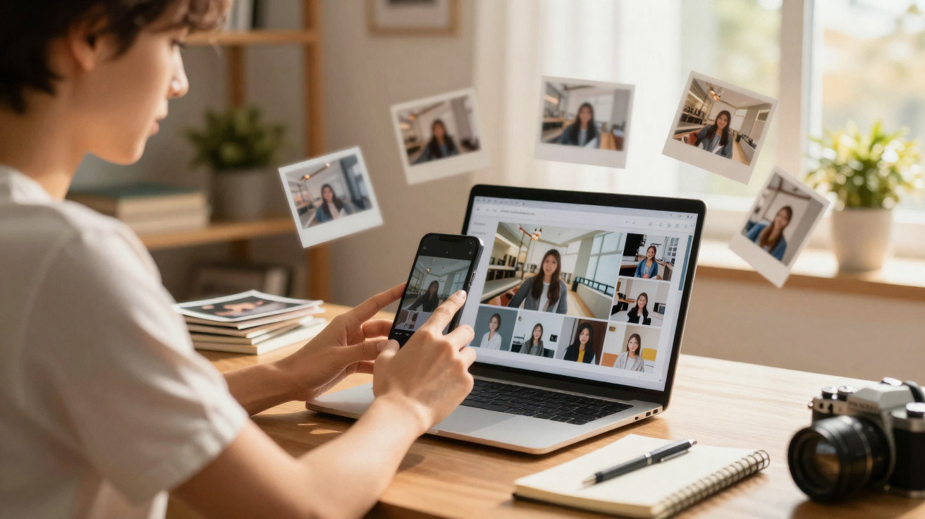 Person fotografiert am Schreibtisch Bilder auf Smartphone und Laptop mit Fotos von einer Frau in einem Raum.