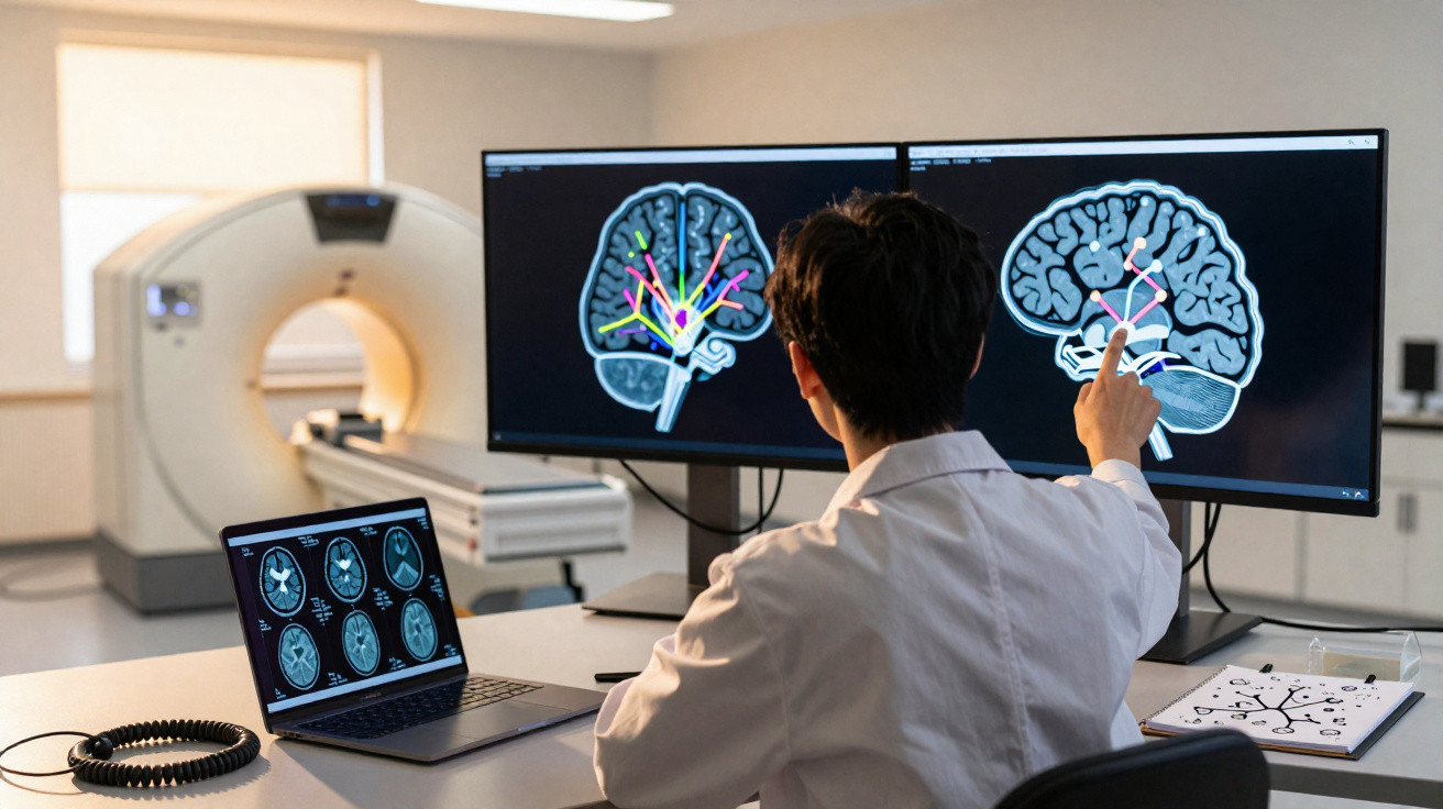 Mediziner analysiert farblich markierte Gehirnscans auf zwei Monitoren in einem Raum mit MRT-Gerät.