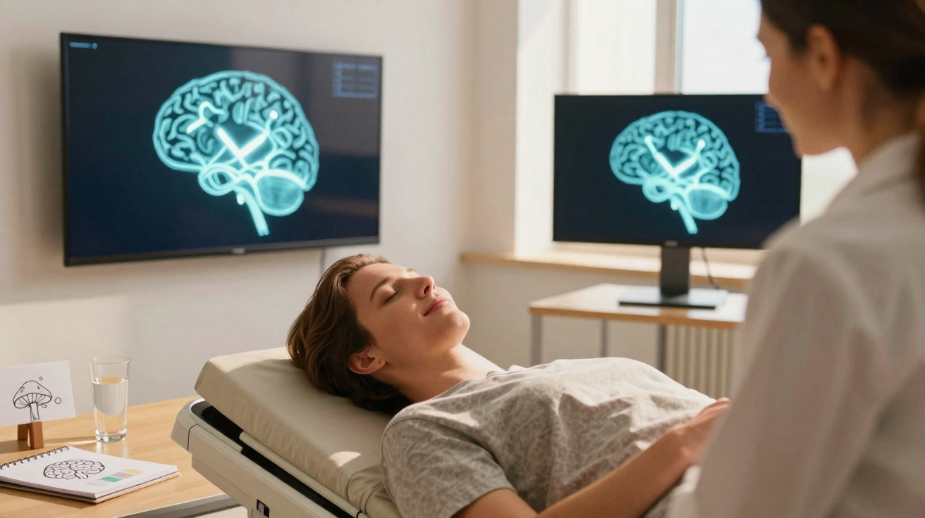 Frau liegt entspannt auf Untersuchungsliege, Neuroarzt und Gehirn-Scans auf Monitoren im Hintergrund sichtbar.