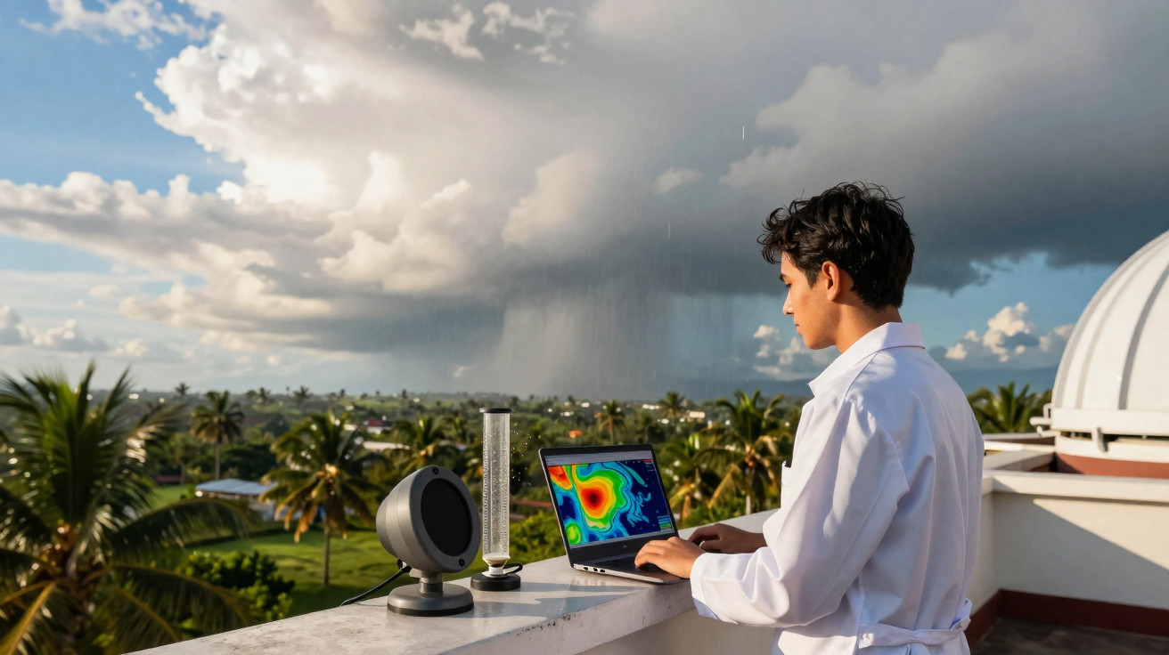 Wissenschaftler in weißem Kittel nutzt Laptop zur Wetterbeobachtung mit Sensoren auf Balkon bei Regenwolke.