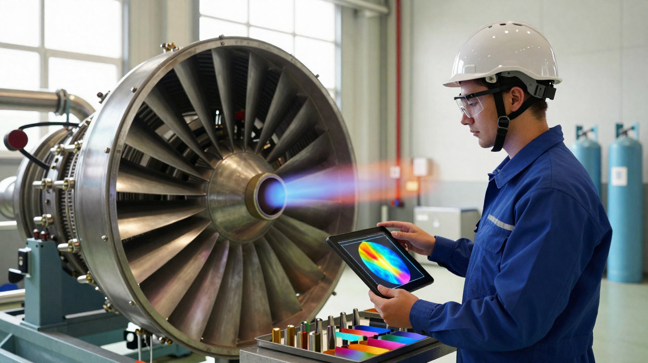 Ingenieur mit Schutzhelm analysiert Wärmestrahlung einer Turbinenschaufel im Labor mit Tablet.