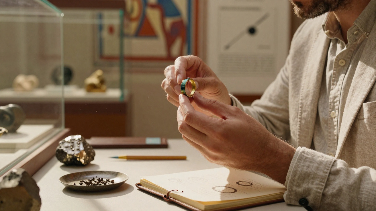 Ein Mann untersucht in einem Museum eine goldene Ringfassung und skizziert Designs in einem Notizbuch.