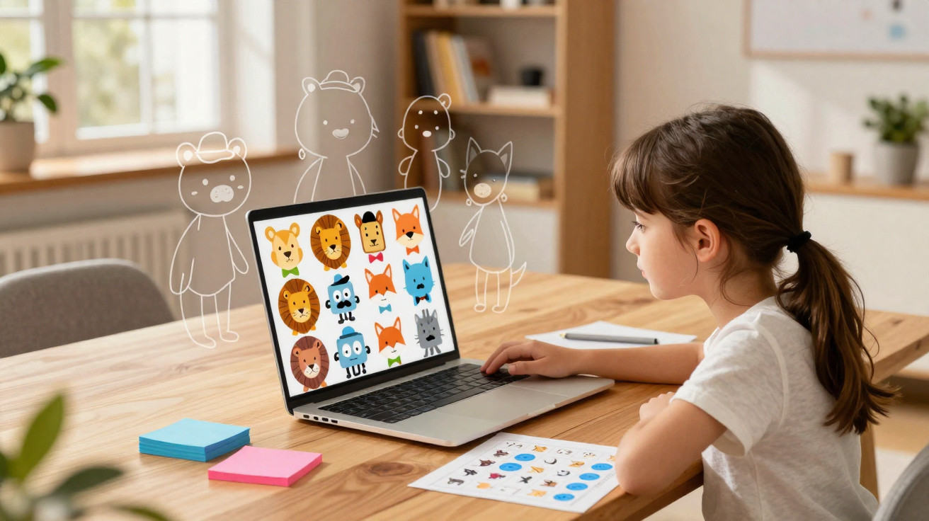 Mädchen sitzt am Tisch und spielt mit Tierillustrationen auf einem Laptop in einem hellen Zimmer.