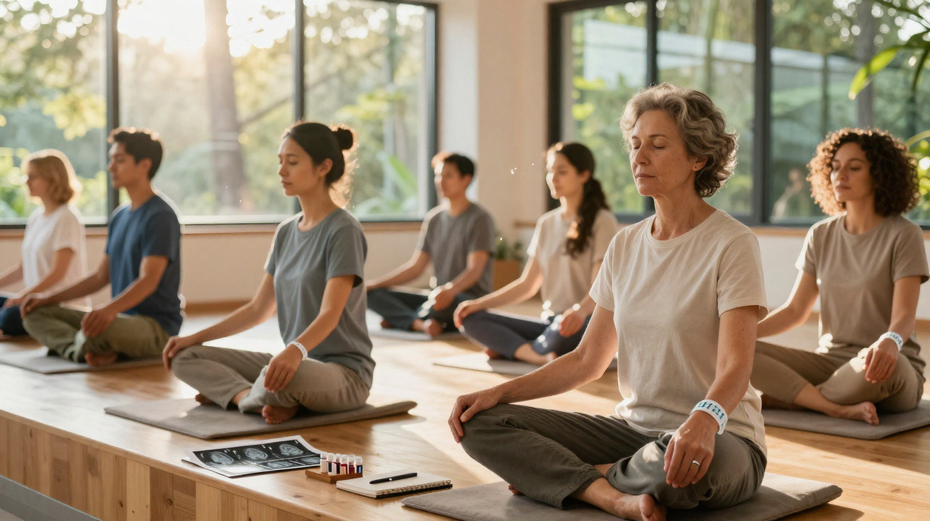 Gruppe von Menschen verschiedener Altersgruppen praktiziert meditatives Sitzen in hellem Raum mit großen Fenstern.