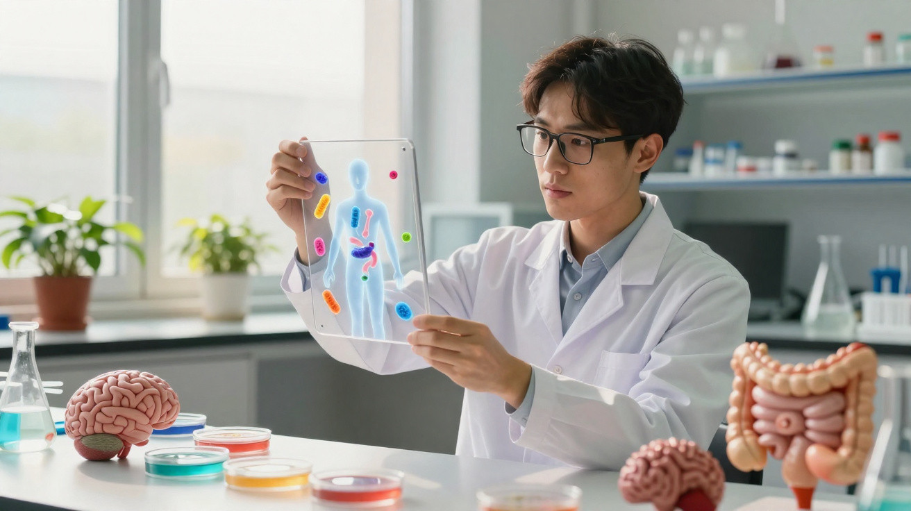 Wissenschaftler im Labor analysiert transparente Folie mit menschlichen Organen und bunten Bakterienmodellen.