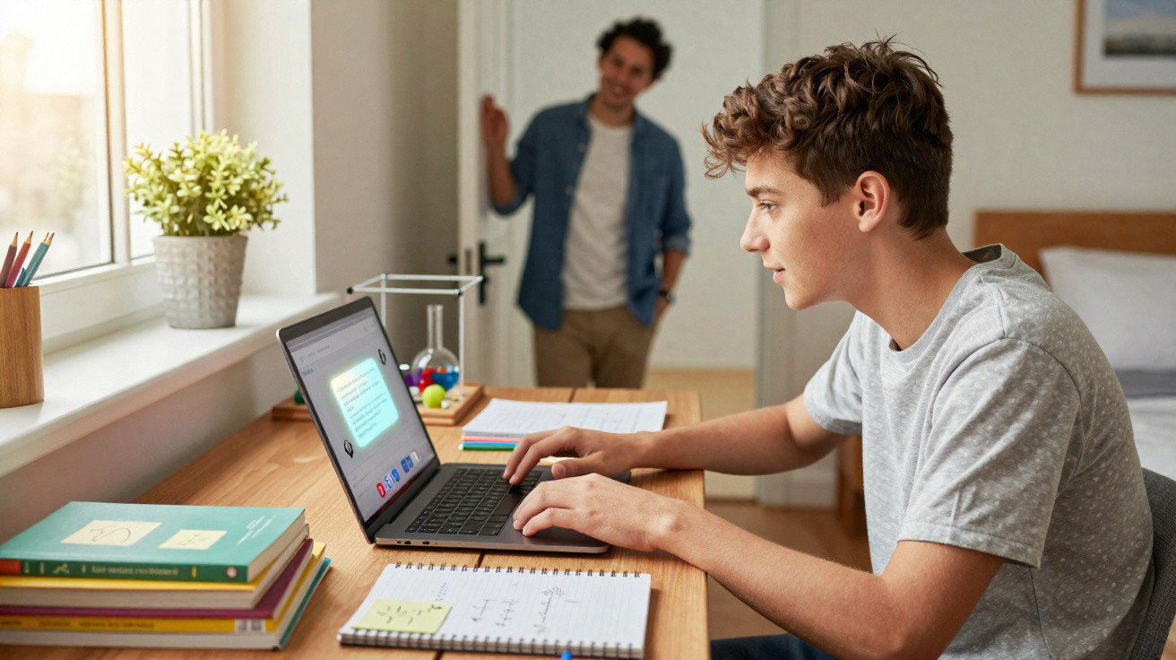 Jugendlicher sitzt am Schreibtisch und lernt am Laptop, im Hintergrund kommt eine weitere Person ins Zimmer.