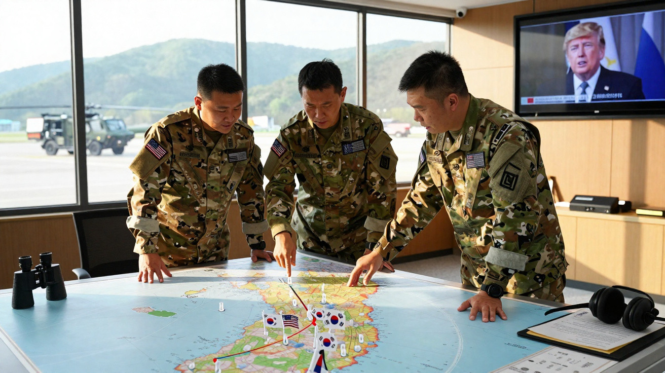 Drei Soldaten in Tarnuniform analysieren eine Landkarte von Korea, im Hintergrund ein Fernseher mit Donald Trump.