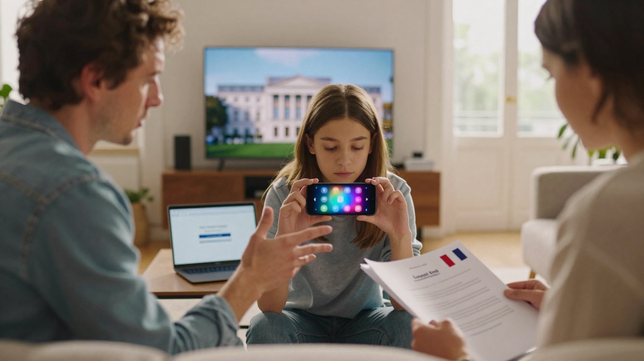 Ein Mädchen zeigt ein Smartphone, während zwei Erwachsene ein Gespräch führen und Dokumente halten.