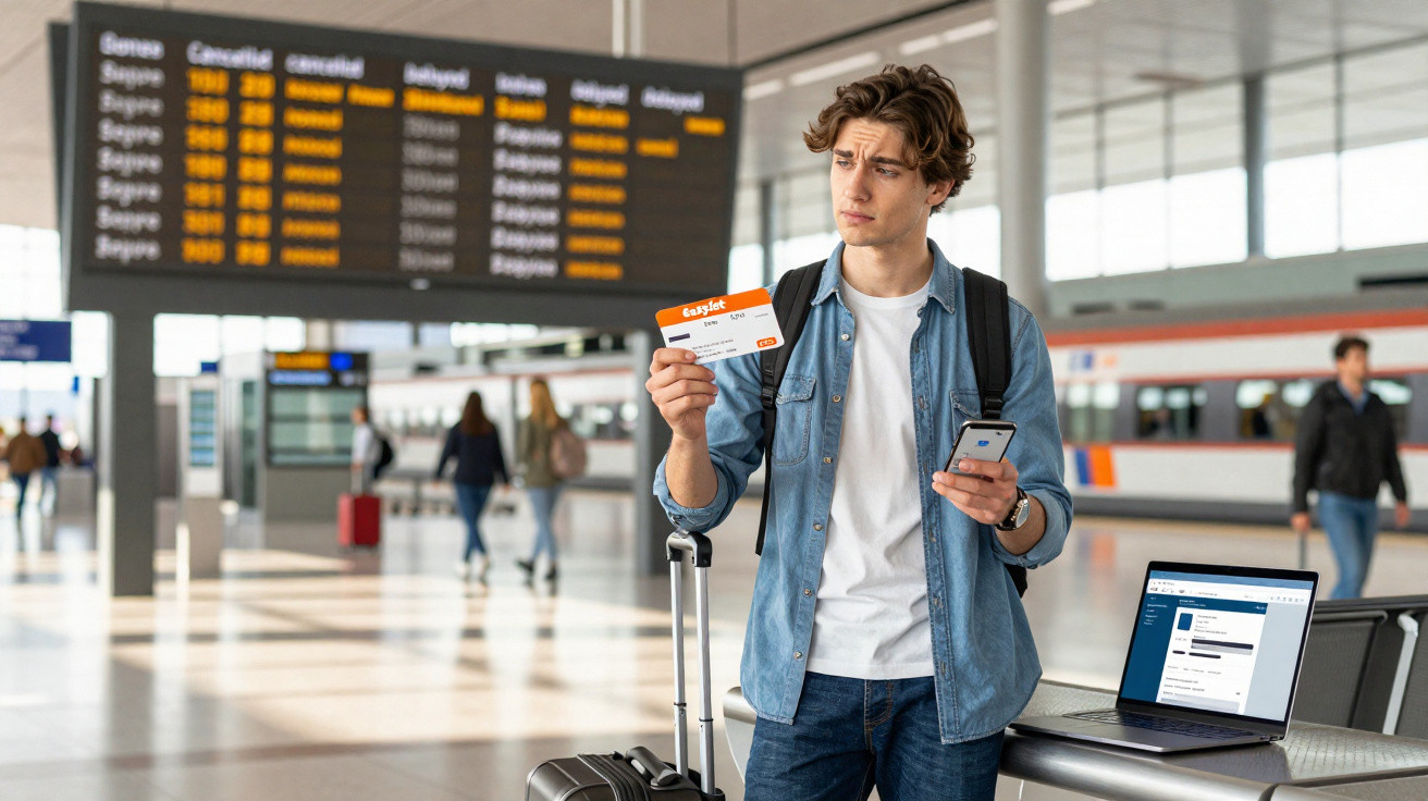 Junger Mann am Bahnhof mit Koffer und Fahrkarte in der Hand, Zug im Hintergrund und digitale Geräte auf Tisch.