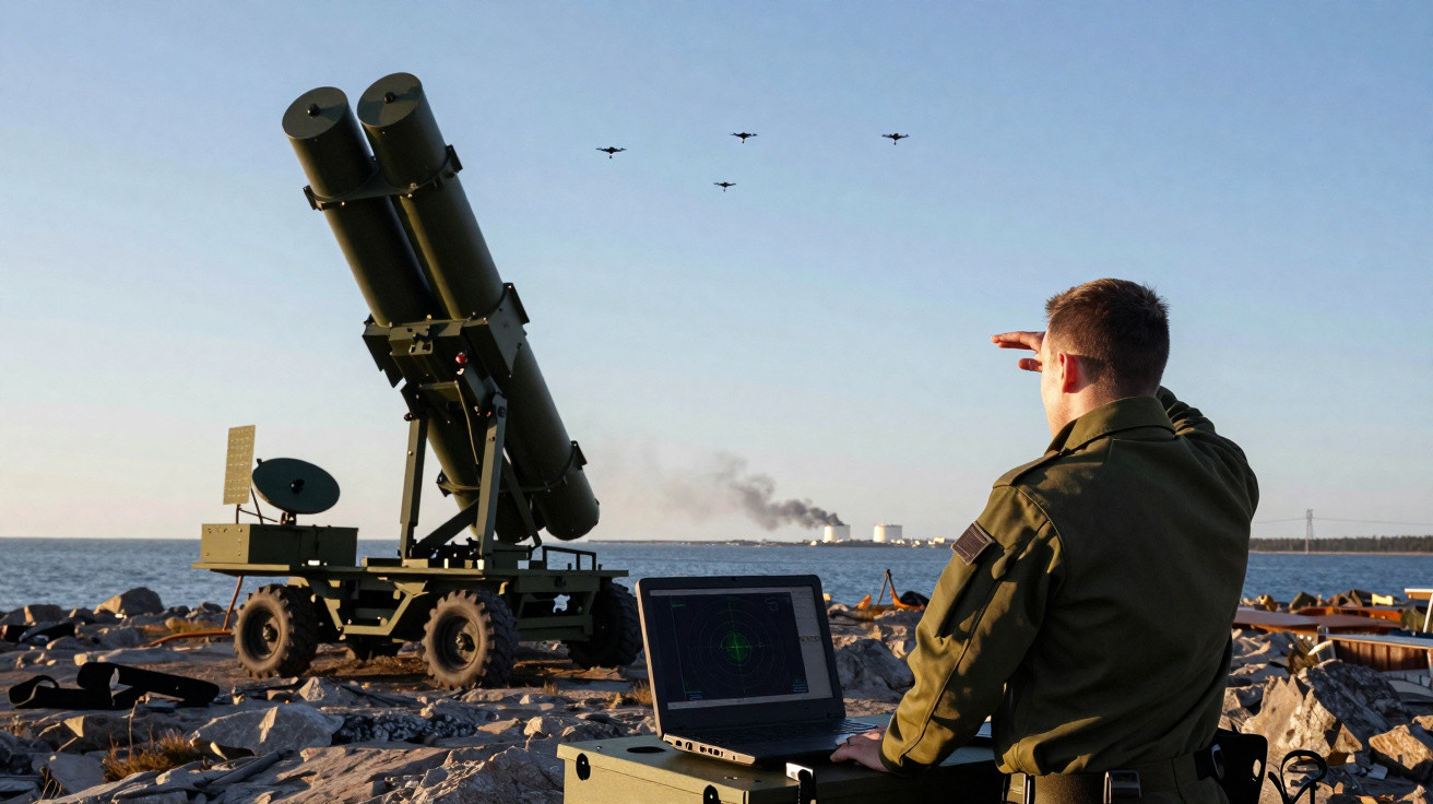 Soldat steuert Luftabwehrausrüstung am Meer, fünf Drohnen fliegen im klaren Himmel, rauchende Industrie im Hintergrund.