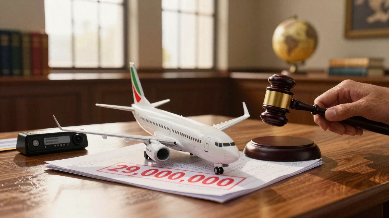 Modellflugzeug auf Papier mit großer Summe und Richterhammer auf Holztisch in Büro mit Globus.
