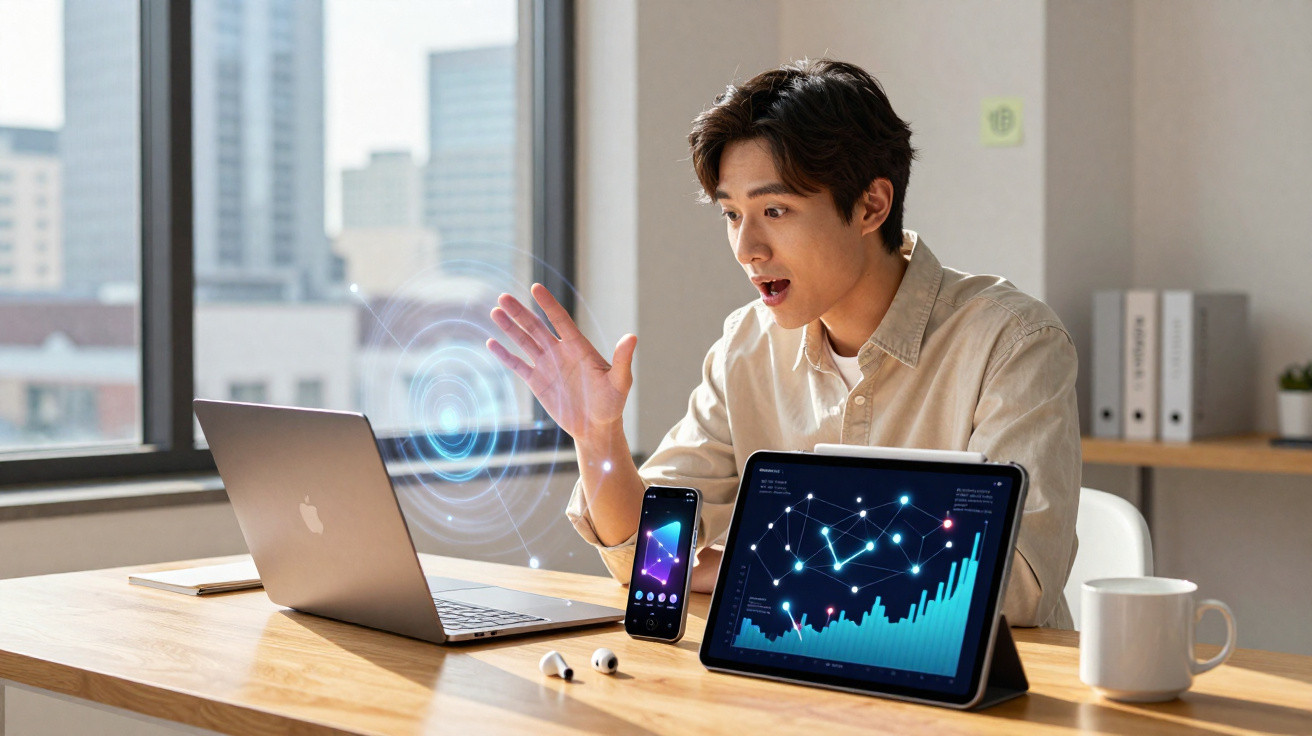 Junger Mann am Schreibtisch reagiert begeistert auf einen Laptop, Smartphone und Tablet mit Diagrammen.