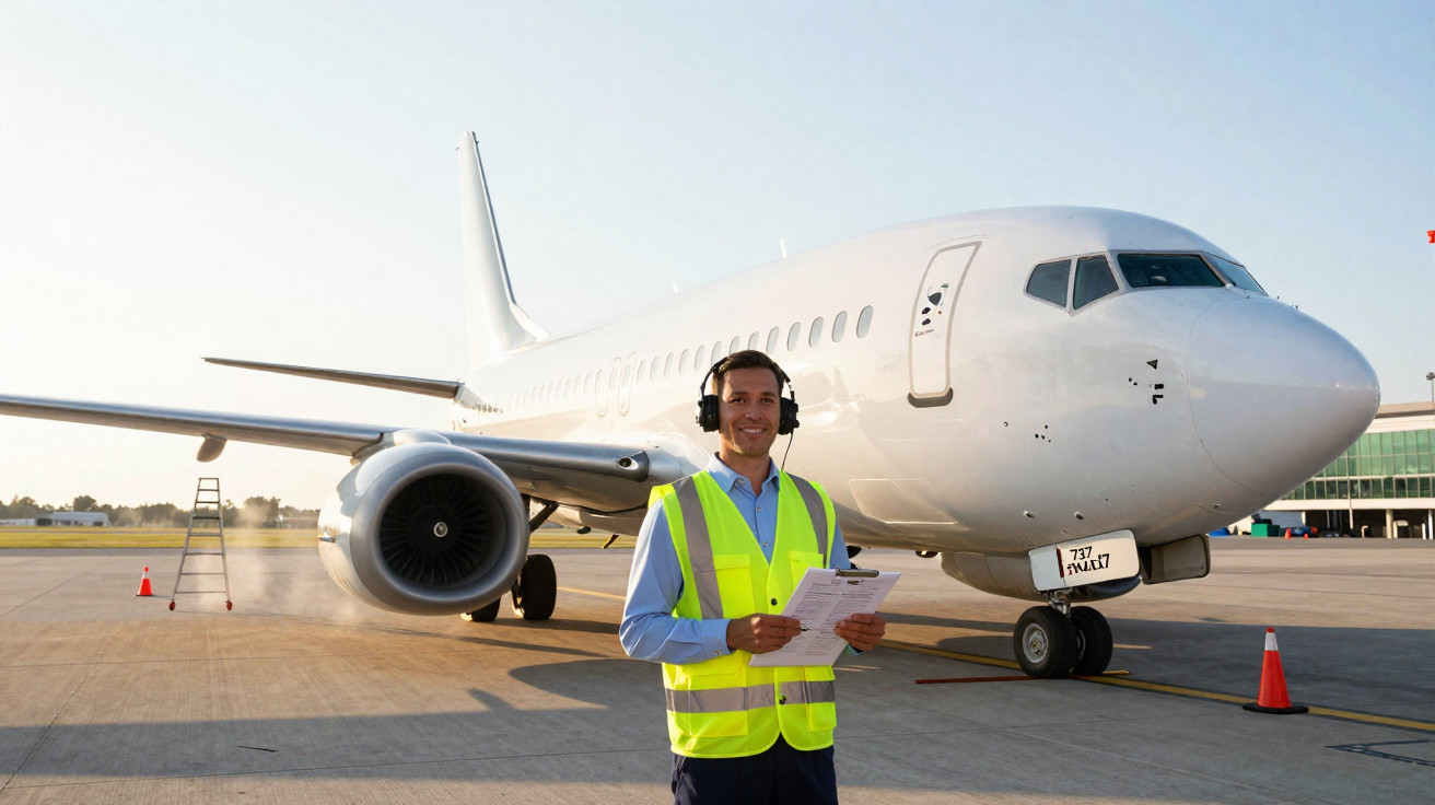 Mann mit Schutzweste und Headset steht vor großem Passagierflugzeug auf Flughafenrollfeld.
