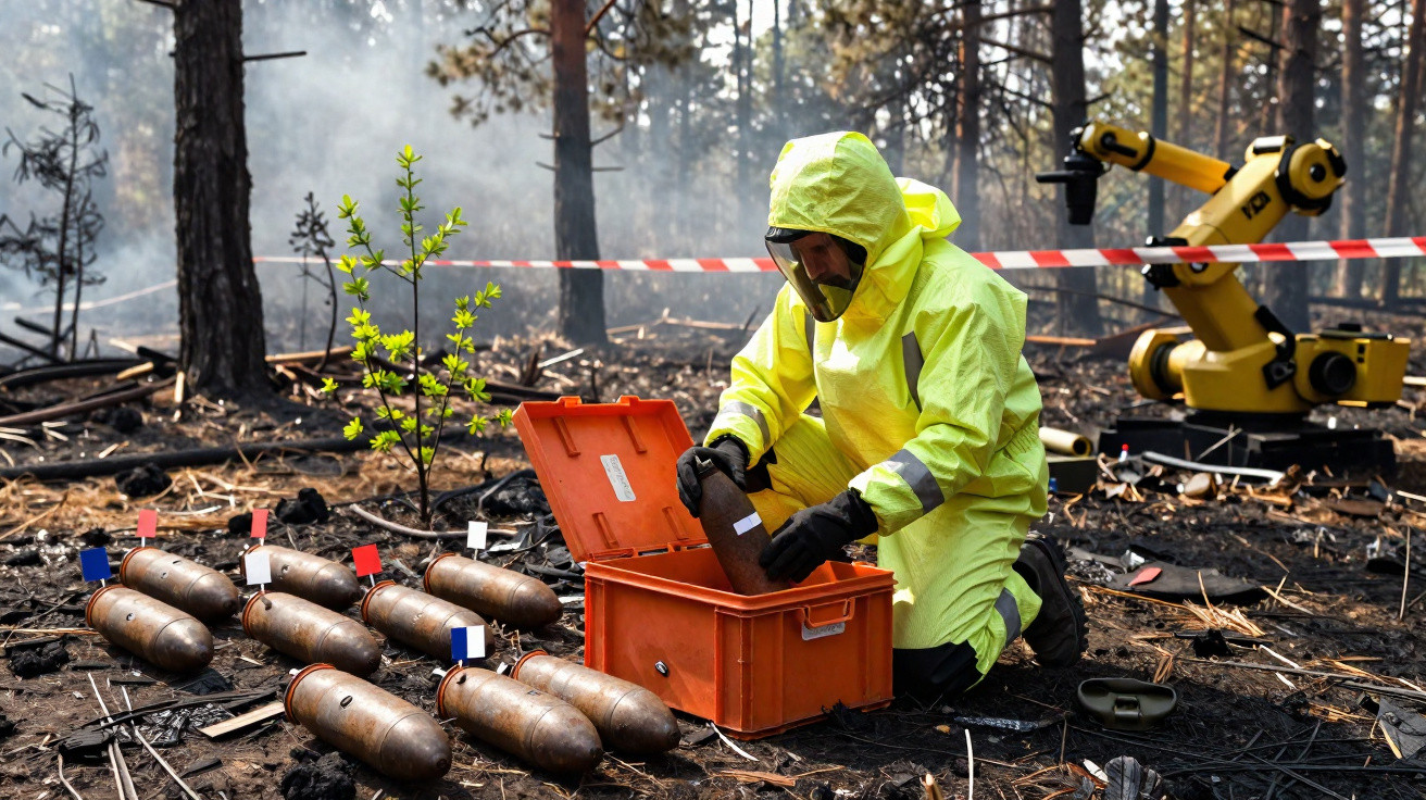 Person in Schutzanzug untersucht mutmaßliche Bomben auf einem Waldbrandplatz mit ferngesteuertem Roboter im Hintergrund.