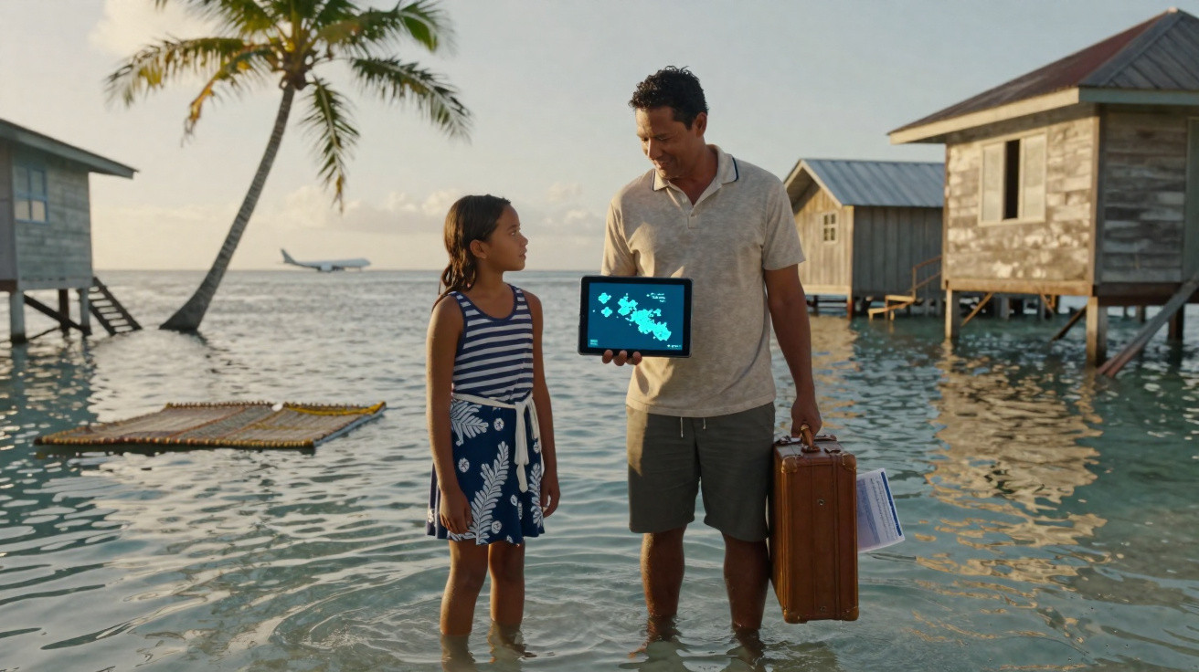 Ein Vater und Tochter stehen im Wasser bei überschwemmten Häusern, Vater zeigt eine digitale Karte auf einem Tablet.