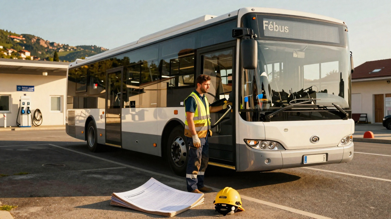 Ein Verkehrstechniker steht neben einem weißen Bus mit der Aufschrift "Febus" auf einem Parkplatz.
