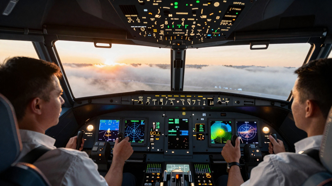 Blick ins Cockpit eines Flugzeugs mit zwei Piloten und Sicht auf eine Wolkenlandschaft bei Sonnenaufgang.