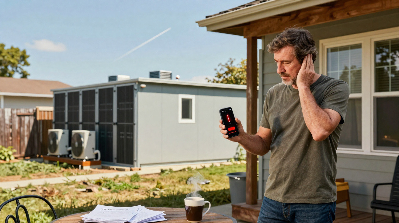 Mann steht vor Haus und überprüft auf Smartphone die Außeneinheit einer Wärmepumpe im Garten.