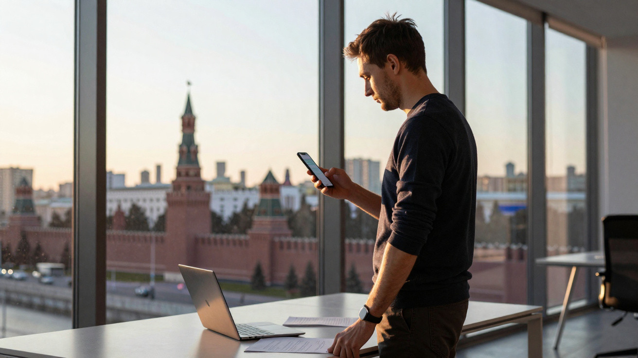 Mann steht im Büro vor Fenster mit Blick auf historischen Turm, nutzt Handy, Laptop und Unterlagen auf Tisch.