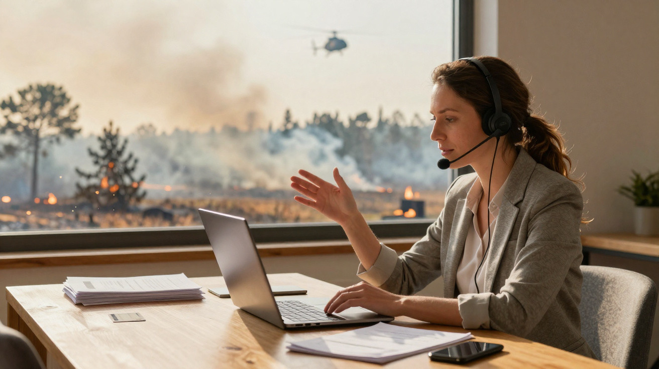 Frau mit Headset sitzt am Laptop vor Fenster, draußen Waldbrand mit Rauch und Helikopter im Einsatz.