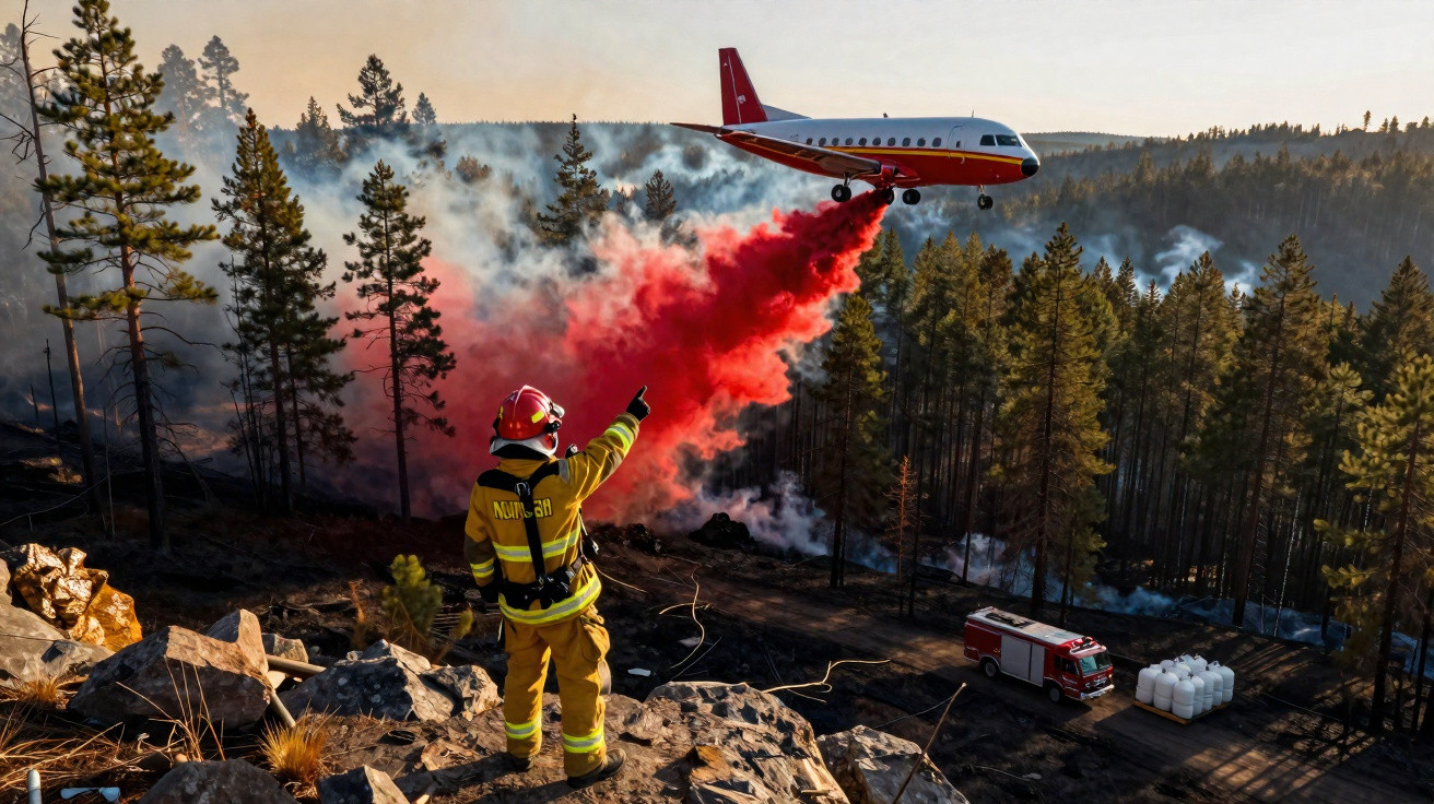 Feuerwehrmann deutet auf Löschflugzeug, das roten Brandbekämpfungsschaum über Waldbrand abwirft.