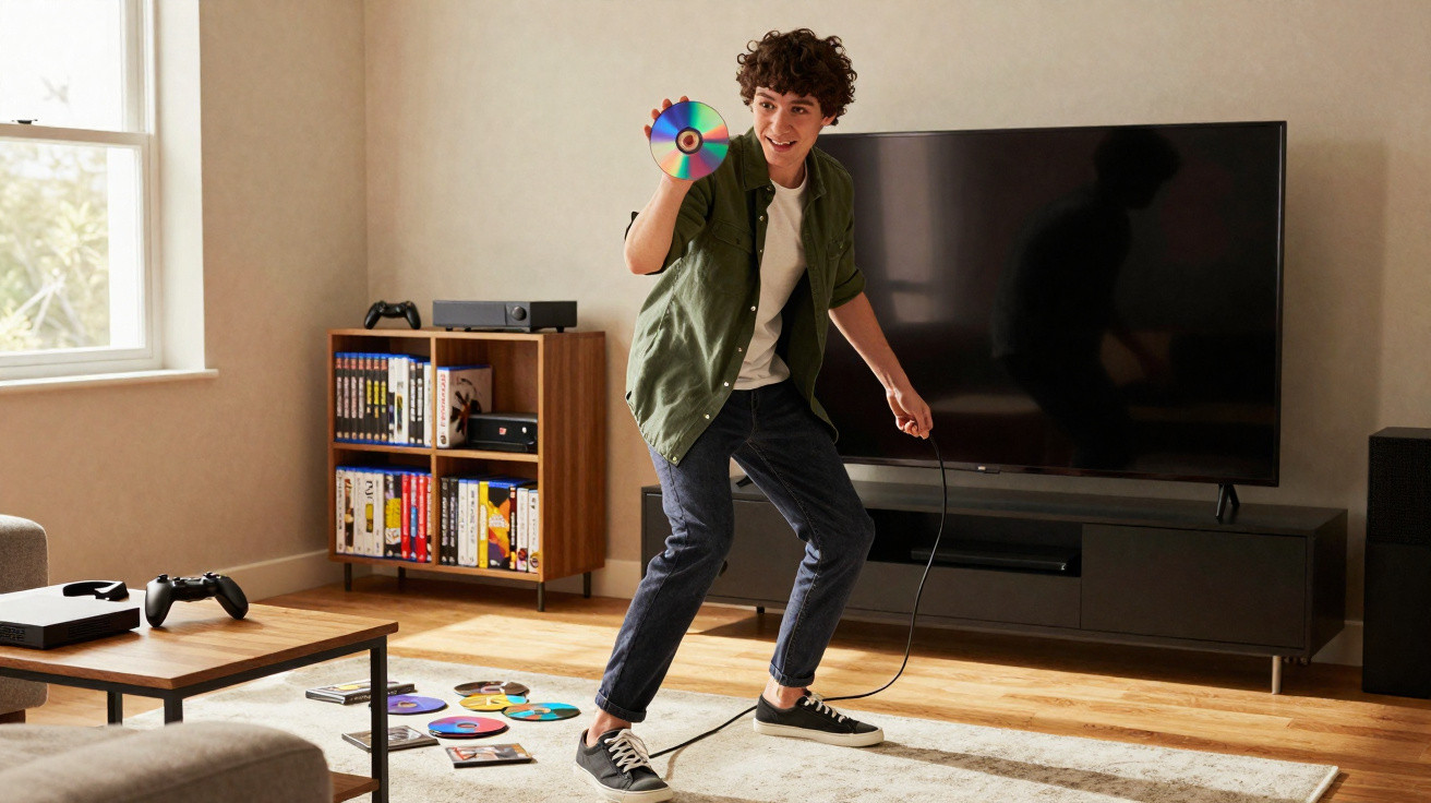 Junger Mann hält eine Spiel-CD in einem modernen Wohnzimmer mit Fernseher und Spielkonsole.