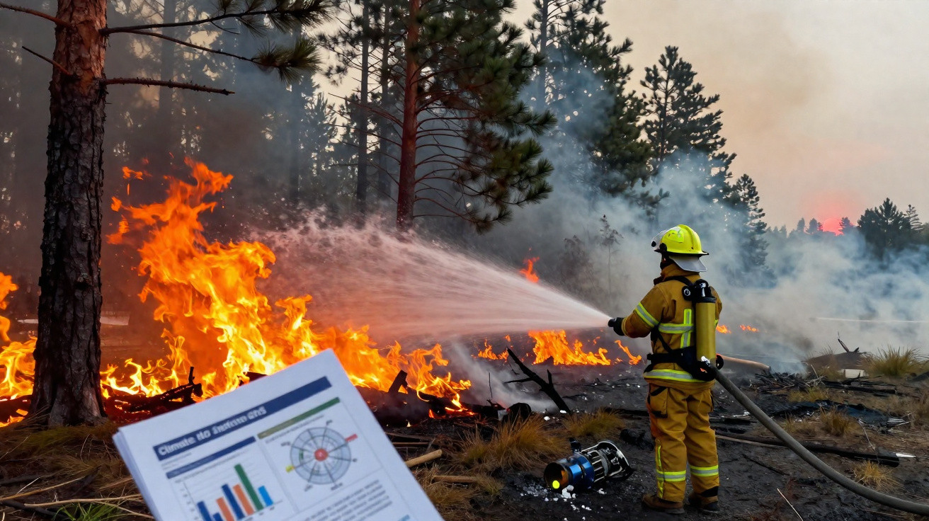 Feuerwehrmann löscht Waldbrand mit Wasserstrahl in bewaldetem Gebiet, brennende Bäume und Rauch im Hintergrund.