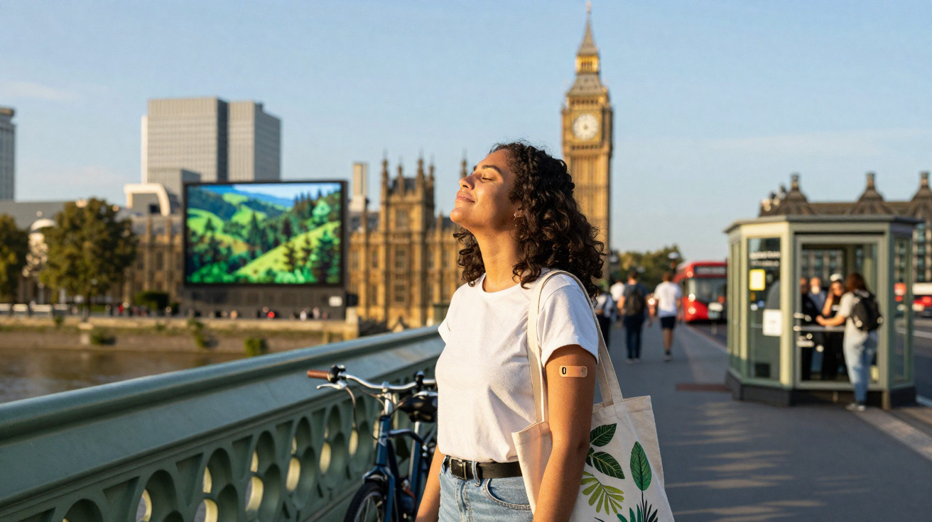 Frau mit Pflaster am Oberarm genießt sonnige Luft auf einer Brücke vor dem Big Ben in London.