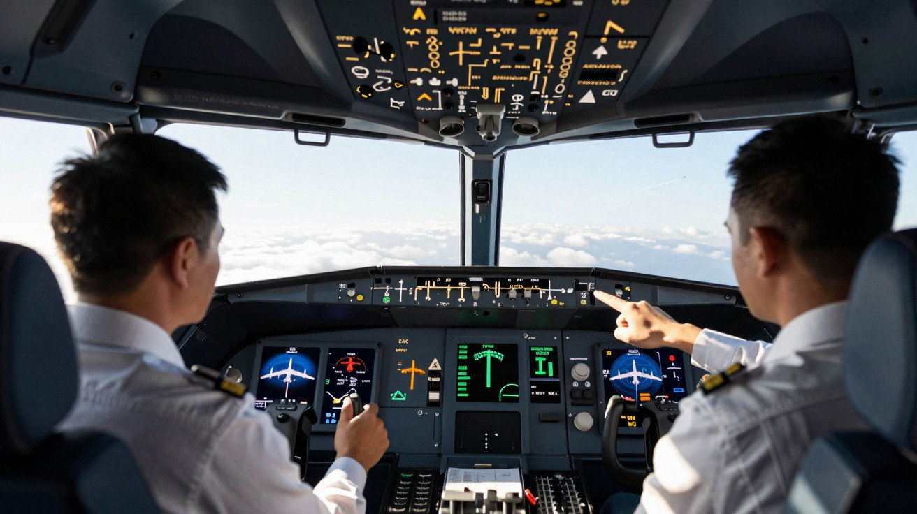 Zwei Piloten steuern ein Flugzeug im Cockpit mit Blick auf Wolken und Instrumententafeln.