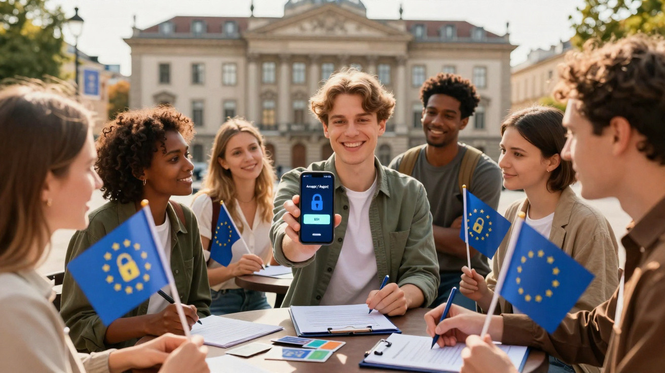 Junge Menschen mit EU-Flaggen sitzen im Freien, einer zeigt ein Smartphone mit gesperrter App, lachend und lernend.