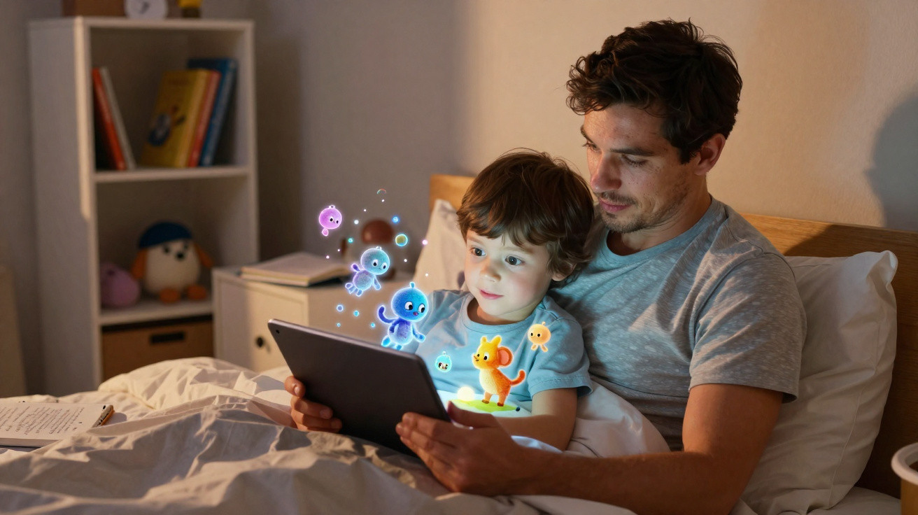 Vater und Sohn liegen im Bett und schauen gemeinsam auf ein leuchtendes Tablet mit animierten Figuren.