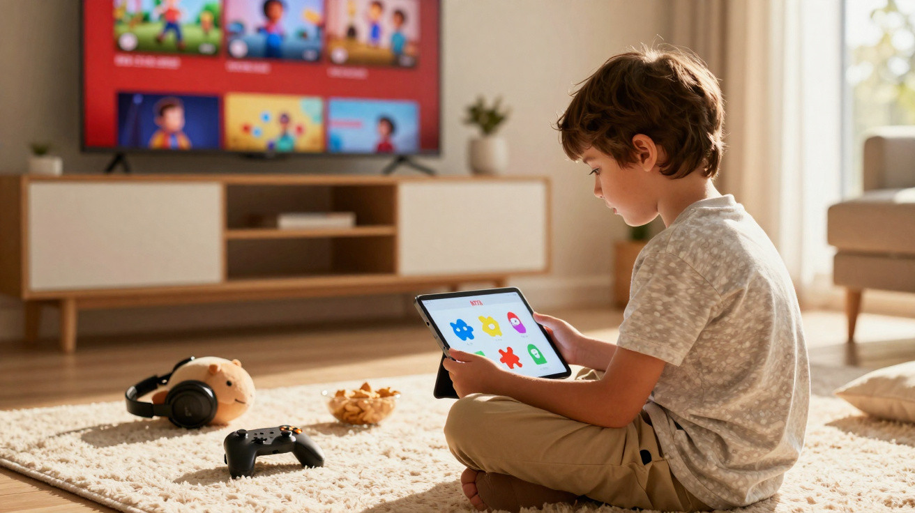 Junge sitzt auf Teppich und nutzt Tablet, umgeben von Spielzeug und Fernseher im Hintergrund.