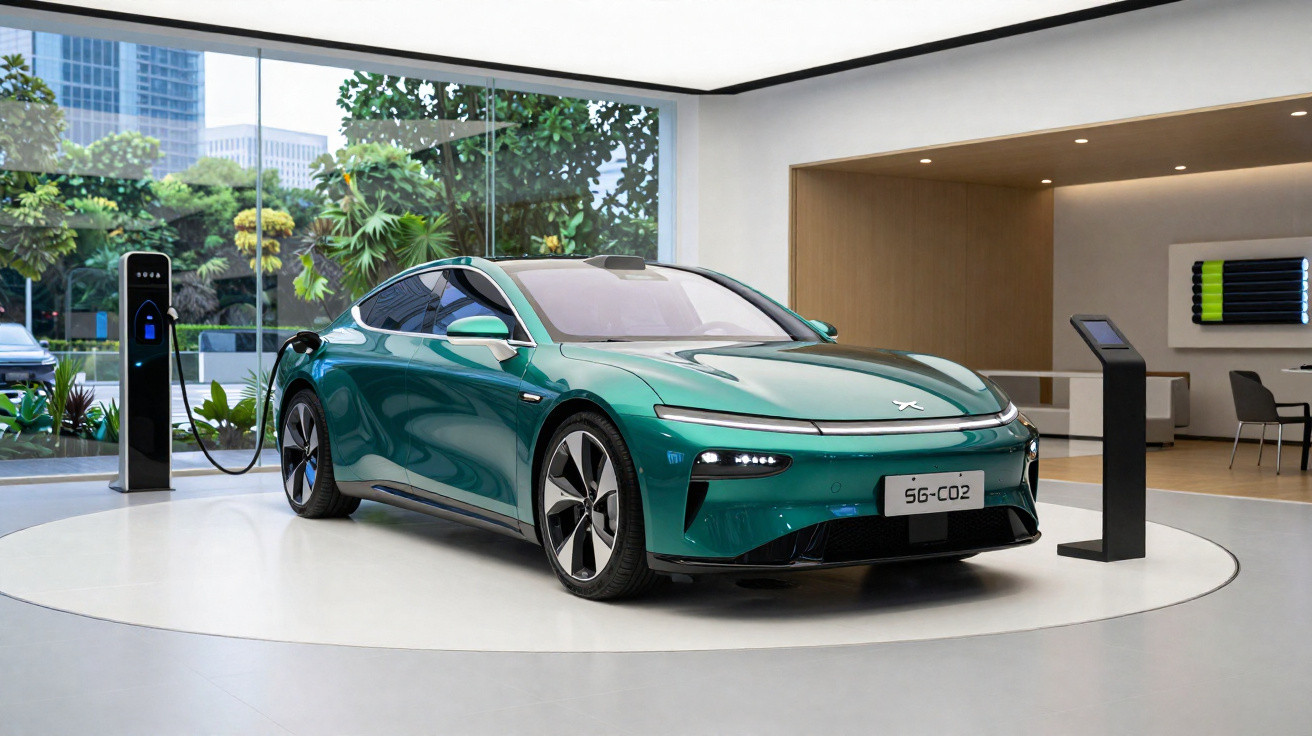Grünes Elektroauto an Ladestation in modernem Showroom mit großen Fenstern und Pflanzen im Hintergrund.