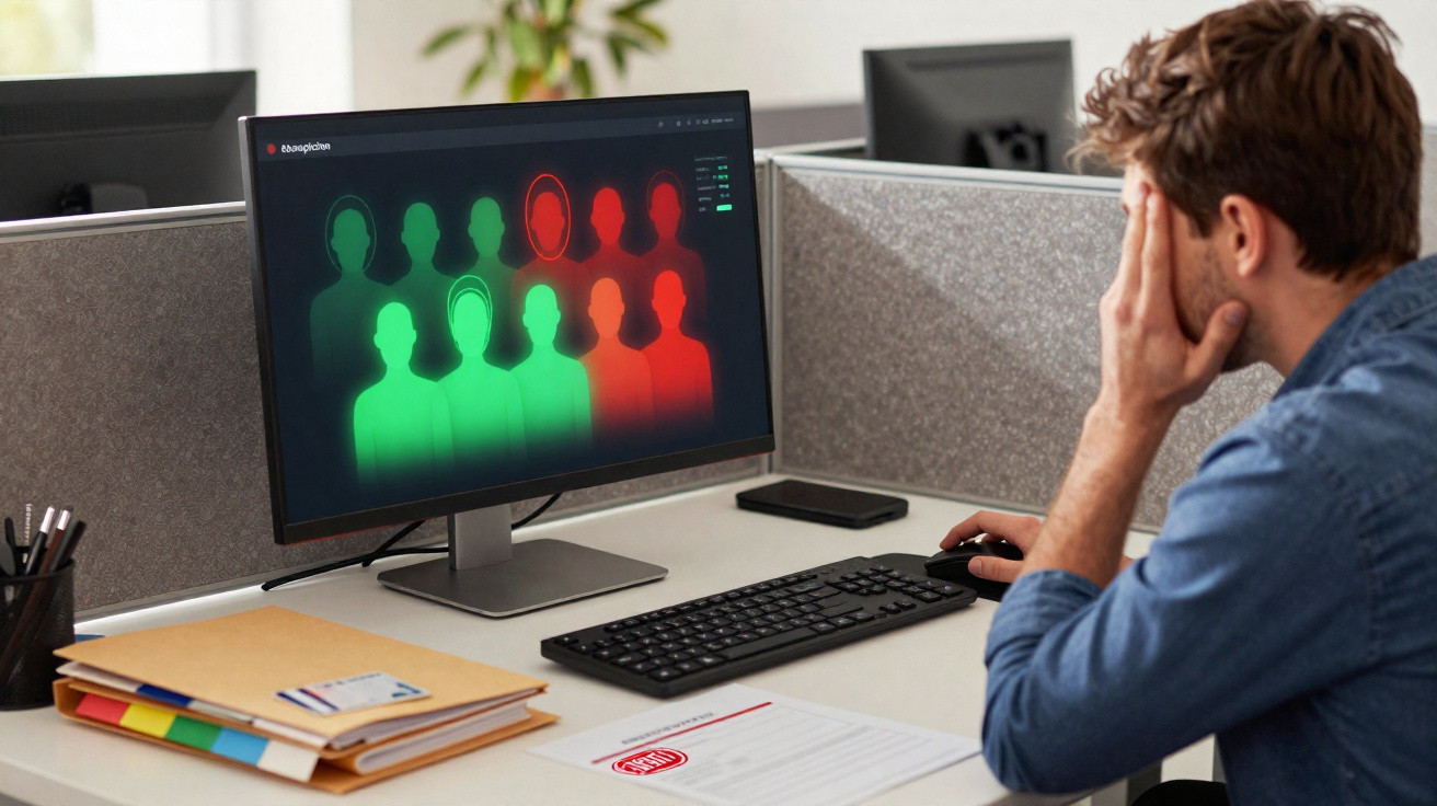 Mann am Schreibtisch betrachtet Bildschirm mit rot und grün markierten Silhouetten von Personen im Büro.