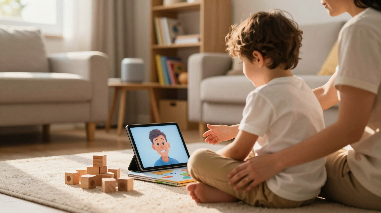 Kind sitzt mit Erwachsenem vor Tablet und lernt mit Lernspielzeug in einem gemütlichen Wohnzimmer.